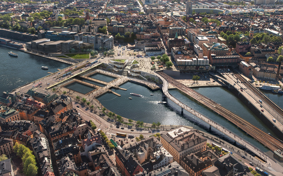 Visionsbild av nya Slussen. Vy från norr mot Södermalm. Illustration: DBOX/Foster + Partners